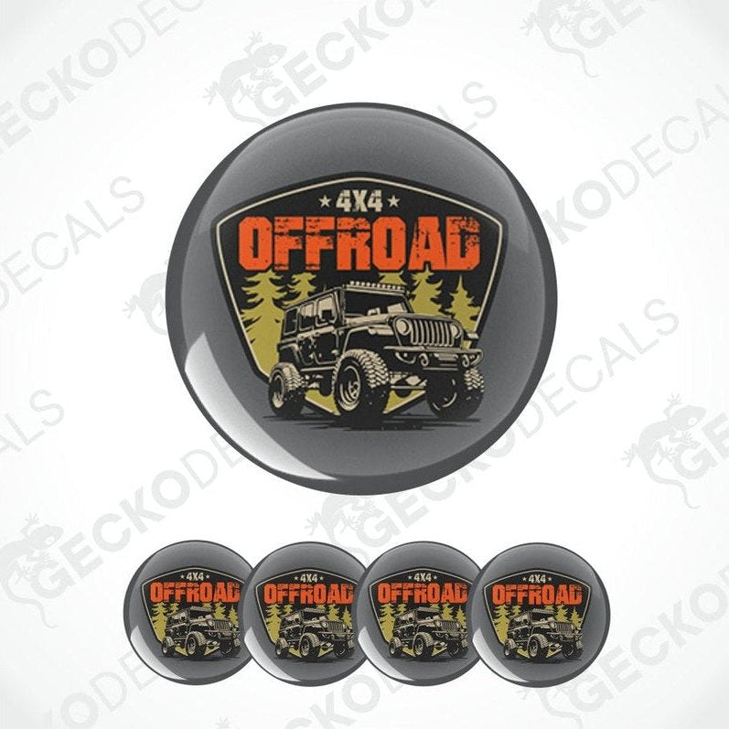 Set of off-road themed coasters with a central coaster featuring a jeep graphic on a gray background.