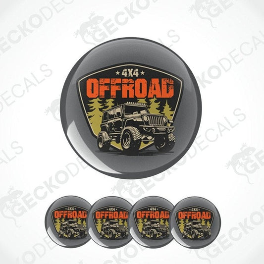 Set of off-road themed coasters with a central coaster featuring a jeep graphic on a gray background.