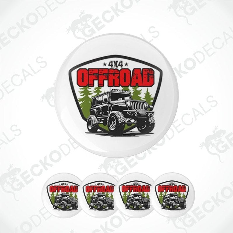 Set of '4x4 Offroad' themed coasters with a jeep graphic on a withe background.