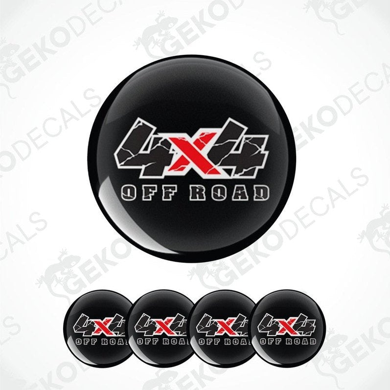 Set of black 4x4 off-road stickers with red and white text on a white background.
