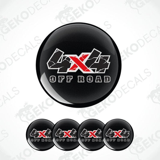 Set of black 4x4 off-road stickers with red and white text on a white background.