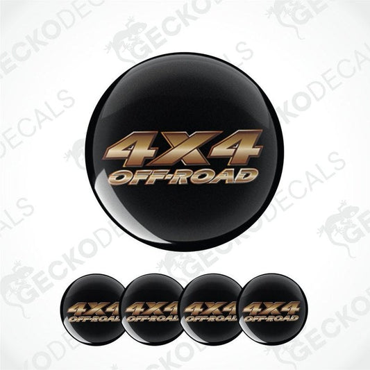 Set of 5 black and gold '4X4 Off-Road' wheel center caps on a white background with 'Gecko Decals' watermark.