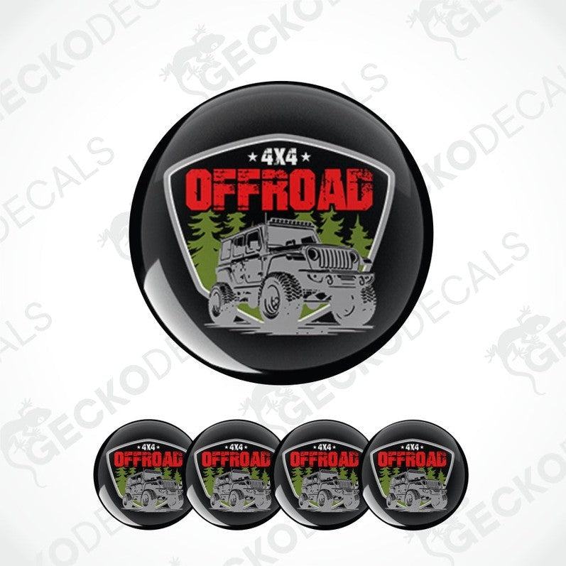 Set of '4x4 Offroad' themed coasters with a jeep graphic on a blask background.