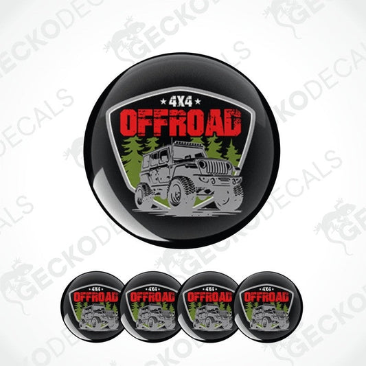 Set of '4x4 Offroad' themed coasters with a jeep graphic on a blask background.