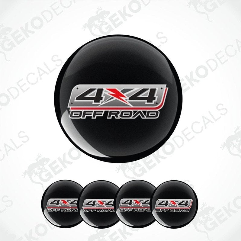 Black tire cover with '4x4 Off Road' logo and five matching decals on a white background.