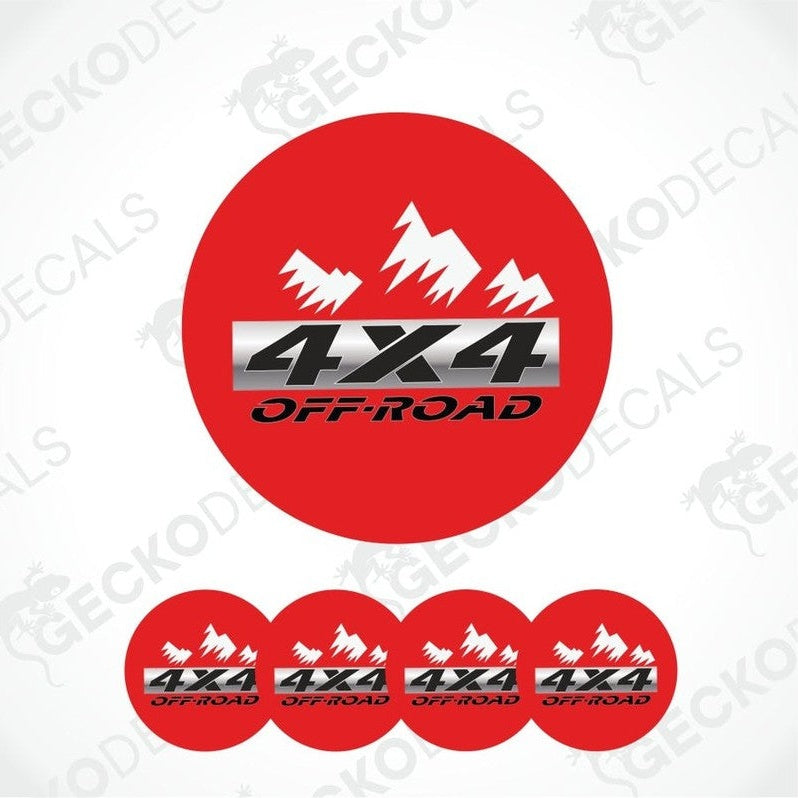 Set of red '4X4 Off-Road' decals with mountain design on a white background.