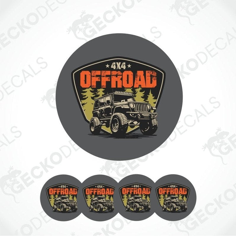Set of '4x4 Offroad' themed coasters with a jeep graphic on a gray background.