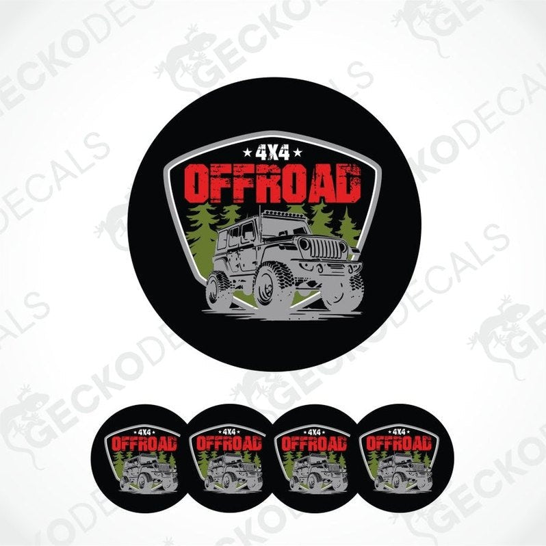 Set of '4x4 Offroad' themed coasters with a jeep graphic on a blask background.