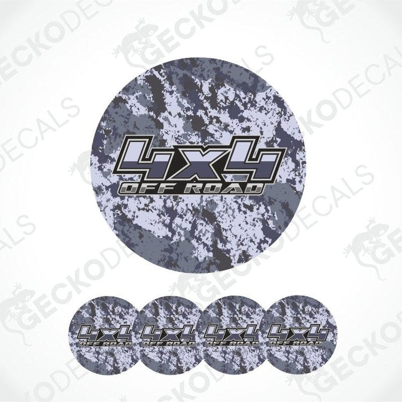 Round decal with '4x4 Off Road' text on a camouflage pattern, featuring the GeckoDecals logo.