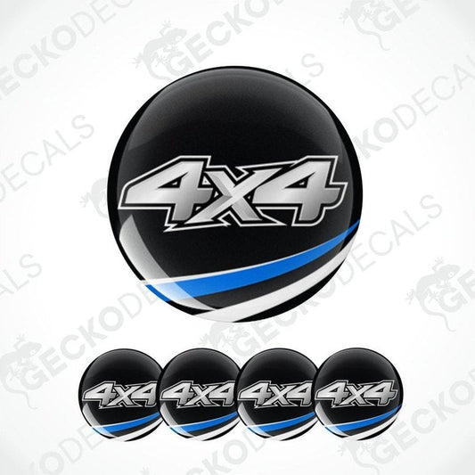 Set of 5 black '4x4' decals with blue stripe on a white background