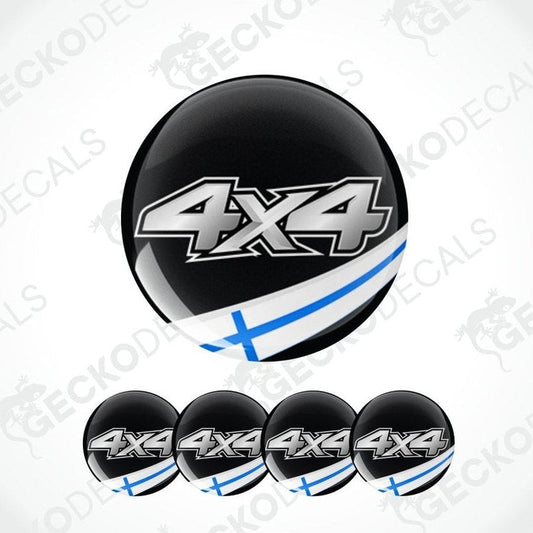 in a black circle is spatial grey 4x4 letters and below it is a strip in the colors of the Finnish flag epoxy decal set