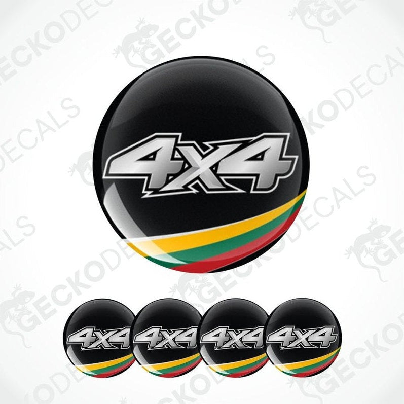 Set of 4x4 stickers with a black background and colorful border on a white background.