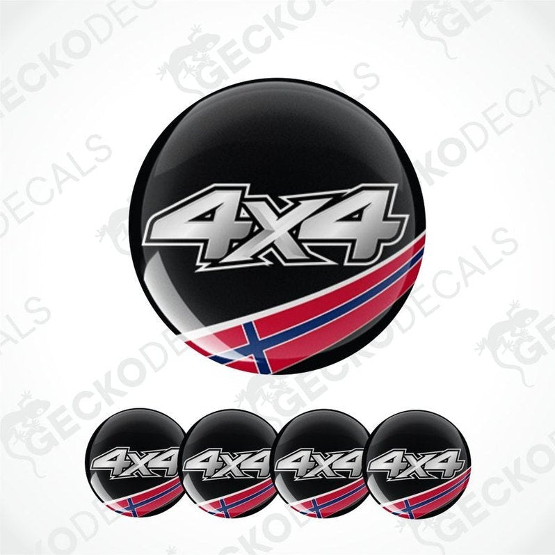 Set of 4x4 stickers with a black background and red and blue design on a white background.