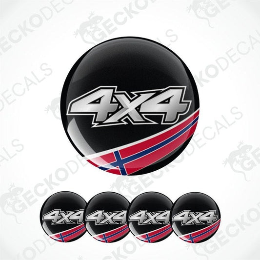Set of 4x4 stickers with a black background and red and blue design on a white background.