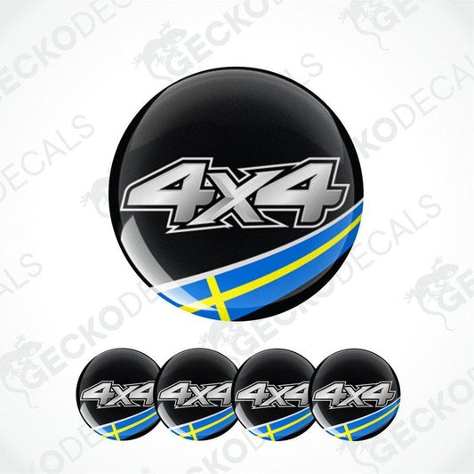 Set of 4x4 decal stickers with a black background and blue and yellow stripe on a white background.
