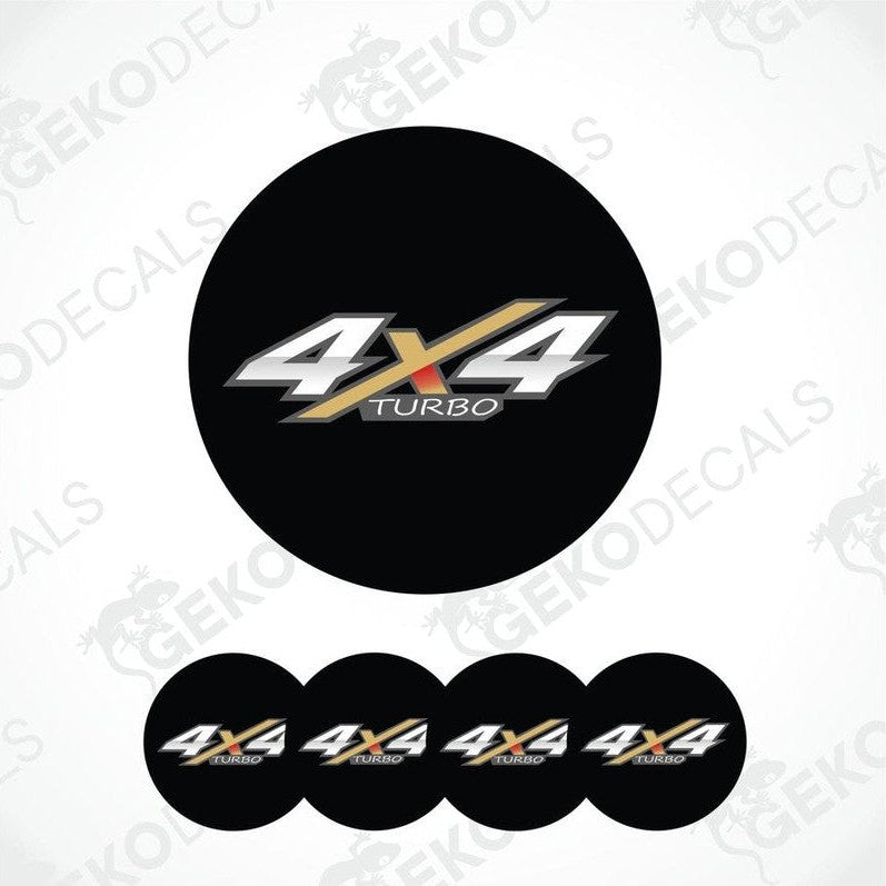 Black circular decal with '4x4 Turbo' text and gold accents on a white background.