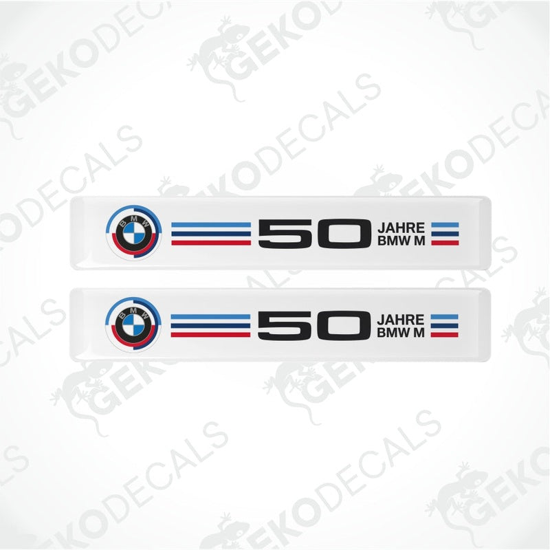 Two BMW M50th anniversary decal stickers on a white background with 'Gekodecals' branding.