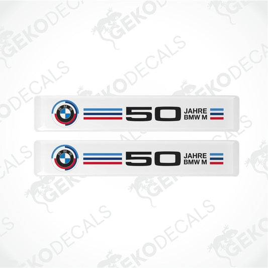 Two BMW M50th anniversary decal stickers on a white background with 'Gekodecals' branding.