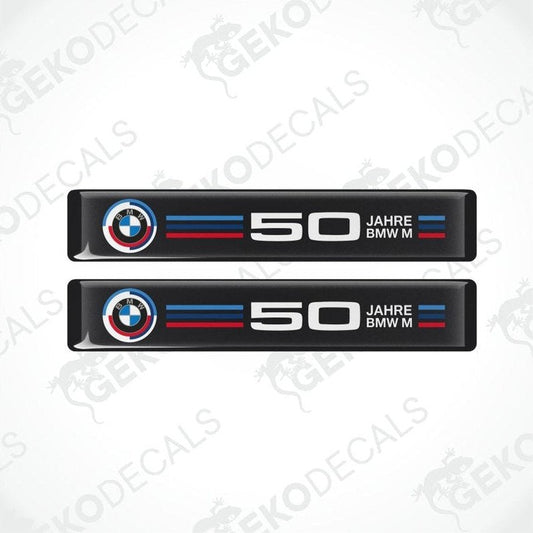 Two black BMW M50th anniversary emblems on a white background with 'Gekodecals' branding.