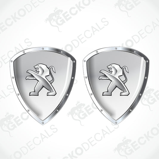 Two identical silver shield-shaped decals with the Peugeot lion emblem, shown on a light gray background with a faint diagonal watermark pattern.