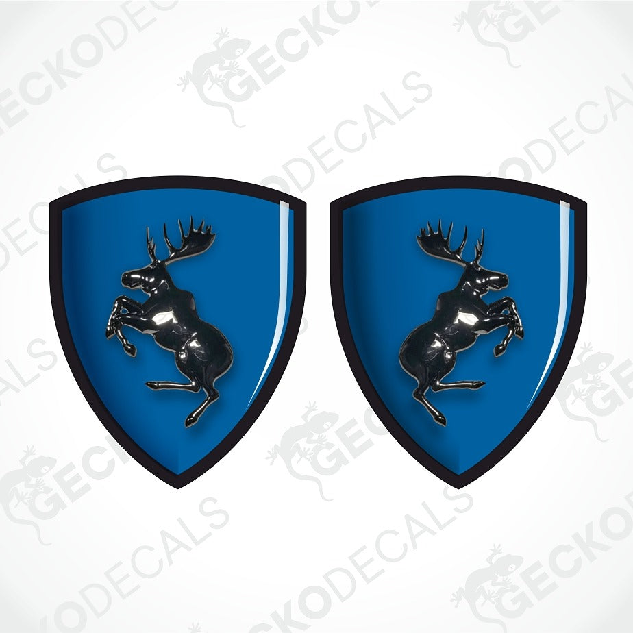 Two identical blue shield-shaped decals with black borders and a black rearing horse emblem, shown on a light gray background with faint Geckodec watermarks.