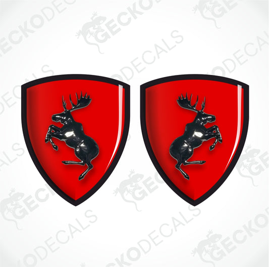Two identical red shield-shaped decals with black borders and a black rearing horse emblem, shown on a light gray background with repeated watermark text.