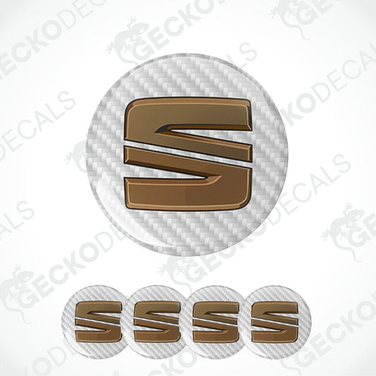 A set of metallic bronze 'S' decal stickers, including one large circular decal with a carbon fiber pattern background and four smaller oval 'SSS' decals below, shown on a white background with a faint Geckodec watermark.