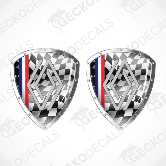 Two identical metallic shield-shaped decals with a black-and-white checkered pattern, a central silver geometric emblem, and a vertical blue, white, and red stripe on the left side, shown on a light gray background with faint GECKODELS watermarks.