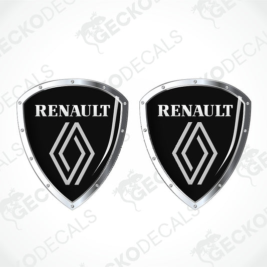 Two identical black and silver Renault shield-shaped decals on a light gray background with faint watermark text.