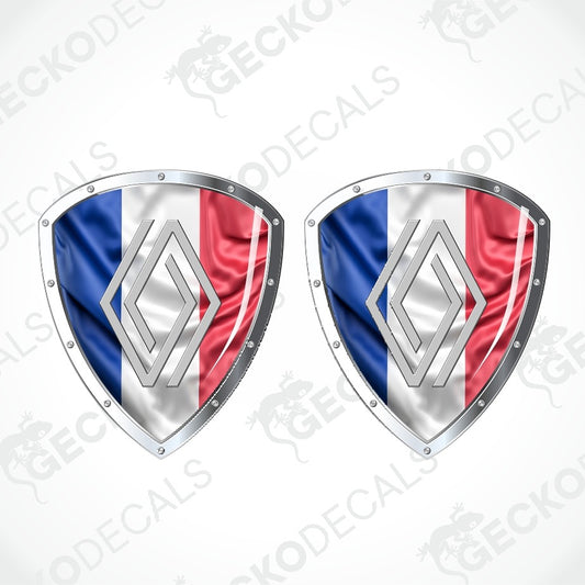 Two identical shield-shaped decals with a French tricolor design and a silver geometric logo in the center, shown on a light gray background with a faint watermark pattern.