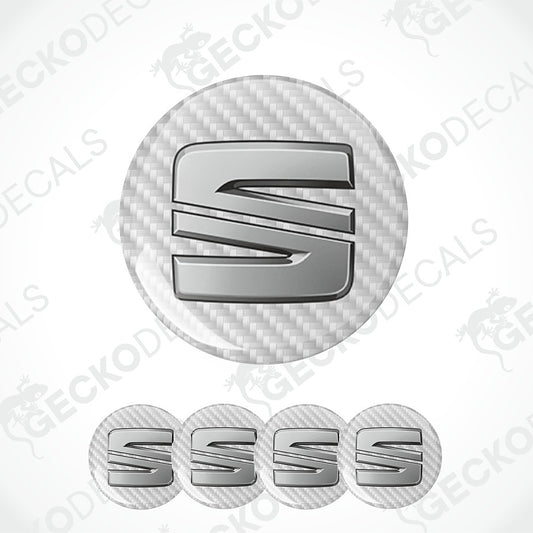 A set of circular car decal stickers featuring a metallic silver 'S' logo on a carbon fiber textured background, shown in a single large version and four smaller repeated versions below on a white background with faint watermarks.