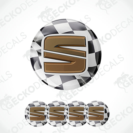 A set of oval decal stickers featuring a metallic bronze letter 'S' over a black and white checkered pattern, shown with one large decal and four smaller ones on a white background with faint Geckodec watermarks.