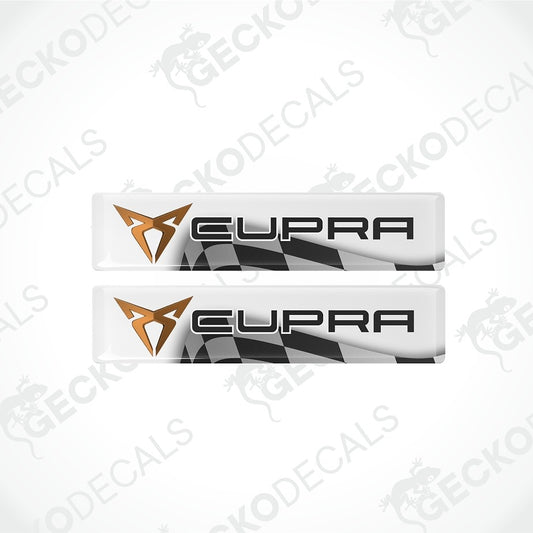 Two rectangular decal stickers featuring the EUPRA logo, displayed on a light gray background with diagonal watermarks. The decal design includes a metallic gold and black geometric logo, the word 'EUPRA' in black, and a black and white checkered flag graphic.