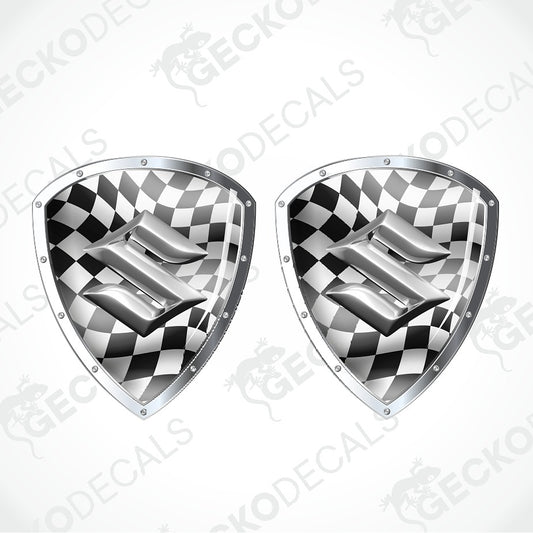 Two identical shield-shaped decals with a black and white checkered pattern and a silver metallic stylized 'S' emblem, shown on a light gray background with diagonal watermarks.