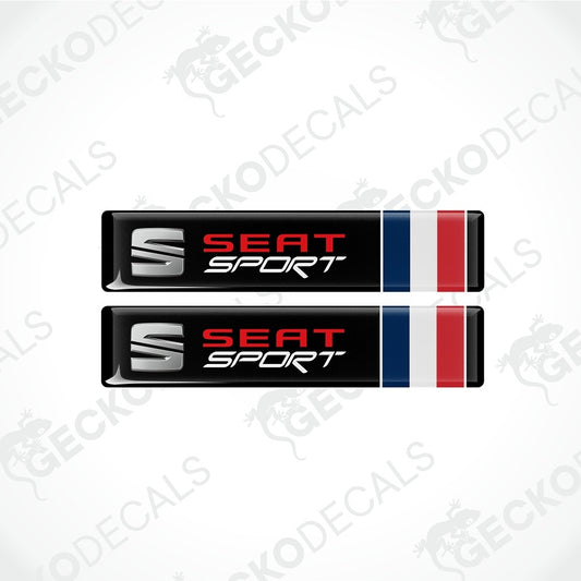 Two black Seat Sport decal stickers with a red, white, and blue French flag motif on a light gray background with faint watermarks.