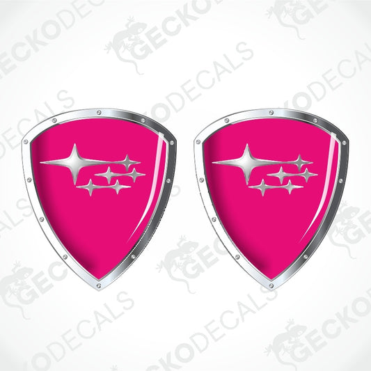Two identical pink car decal shields with silver borders and the Subaru logo, shown on a light gray background with faint GECKODECALS watermarks.