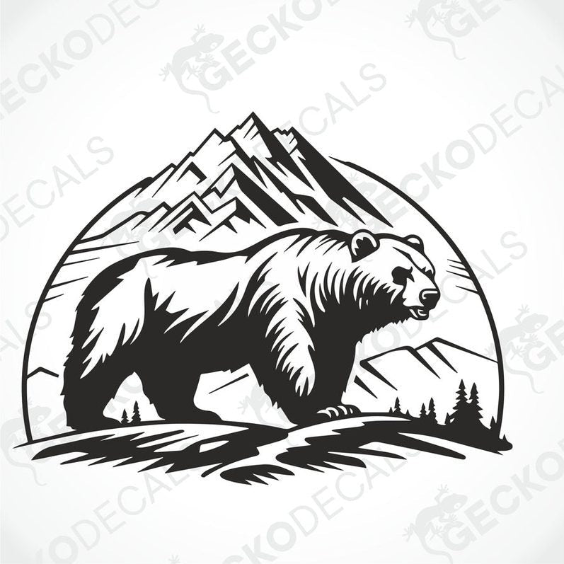 A black decal of a bear in front of mountains on a white surface.