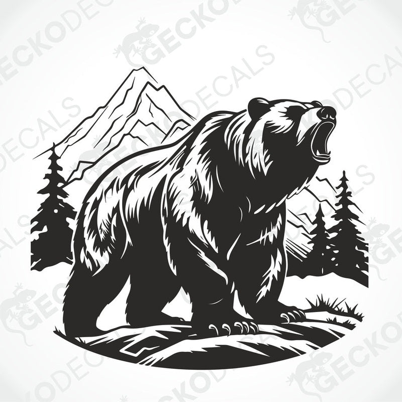 A decal of a bear in a mountain nature scene, positioned on the side of a white vehicle.