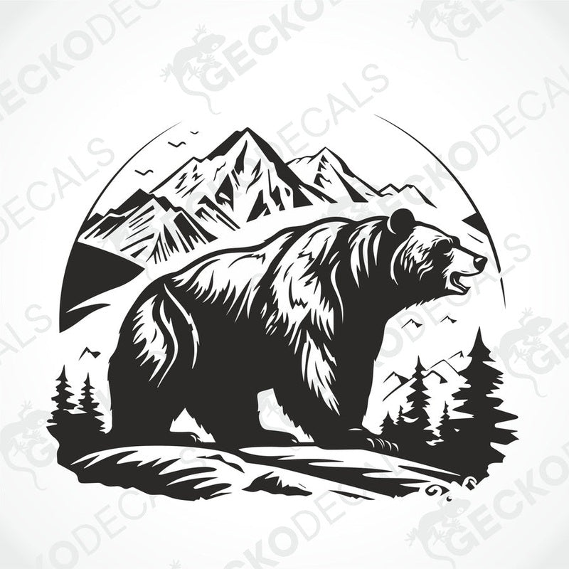 A decal featuring a black bear in a mountainous landscape with a white background, delivered on transfer paper.
