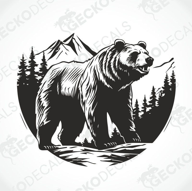 A decal featuring a black bear in a mountainous landscape with a white background, delivered on transfer paper.