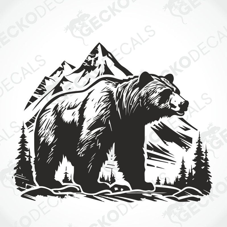 A black decal of a bear with mountains in the background, positioned on the side of a white vehicle.