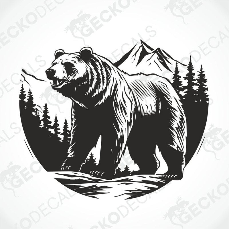 A decal featuring a black bear in a mountainous landscape with a white background, delivered on transfer paper.
