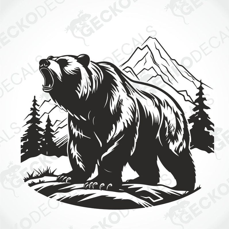 A decal of a bear in a mountain nature scene, positioned on the side of a white vehicle.