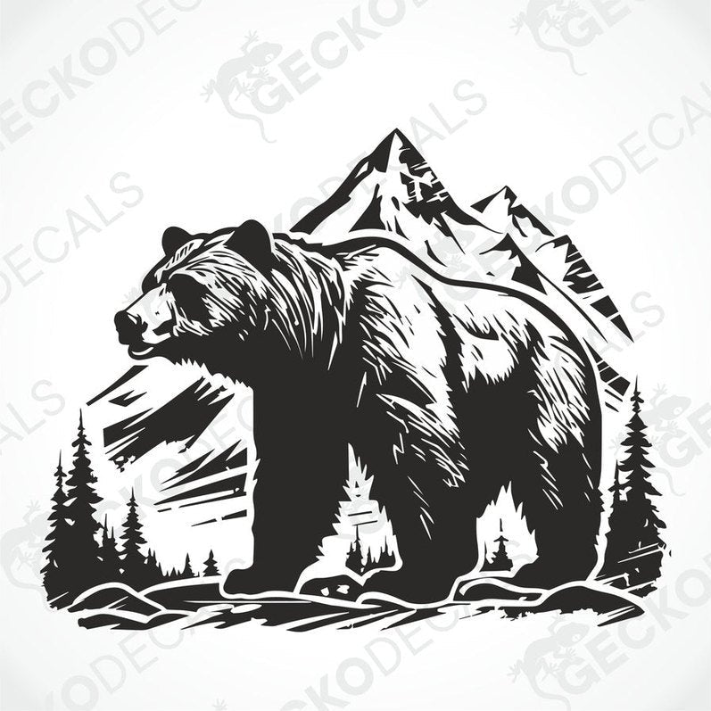 A black decal of a bear with mountains in the background, positioned on the side of a white vehicle.