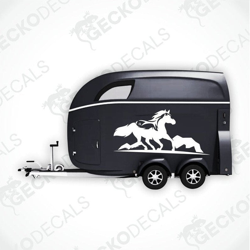 Two black die cut decals of a horse running, one for the right side and one for the left, with the brand 'GECKODECALS' visible.