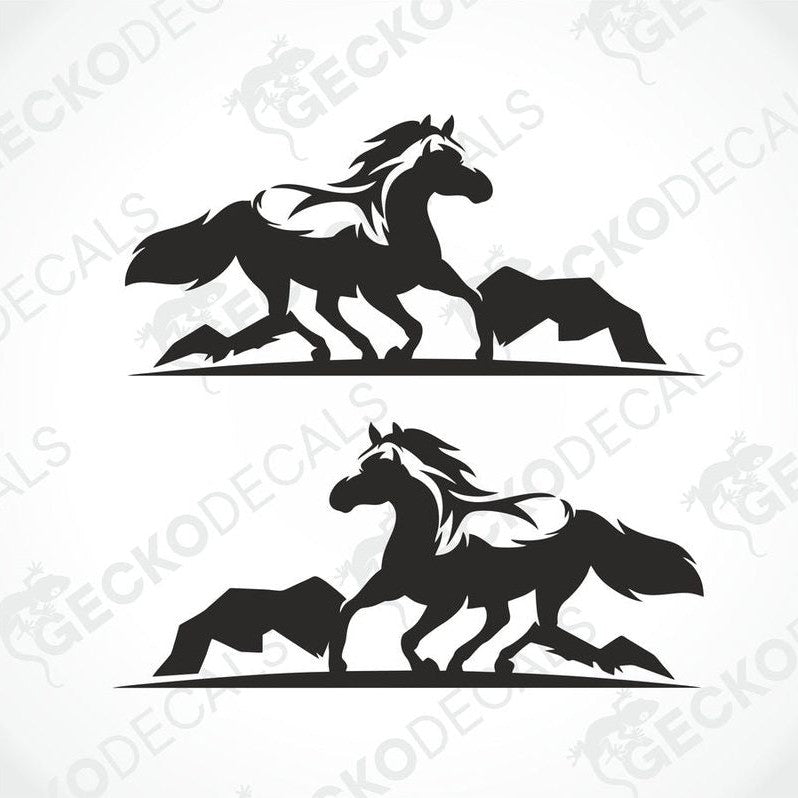 Two black die cut decals of a horse running, one for the right side and one for the left, with the brand 'GECKODECALS' visible.