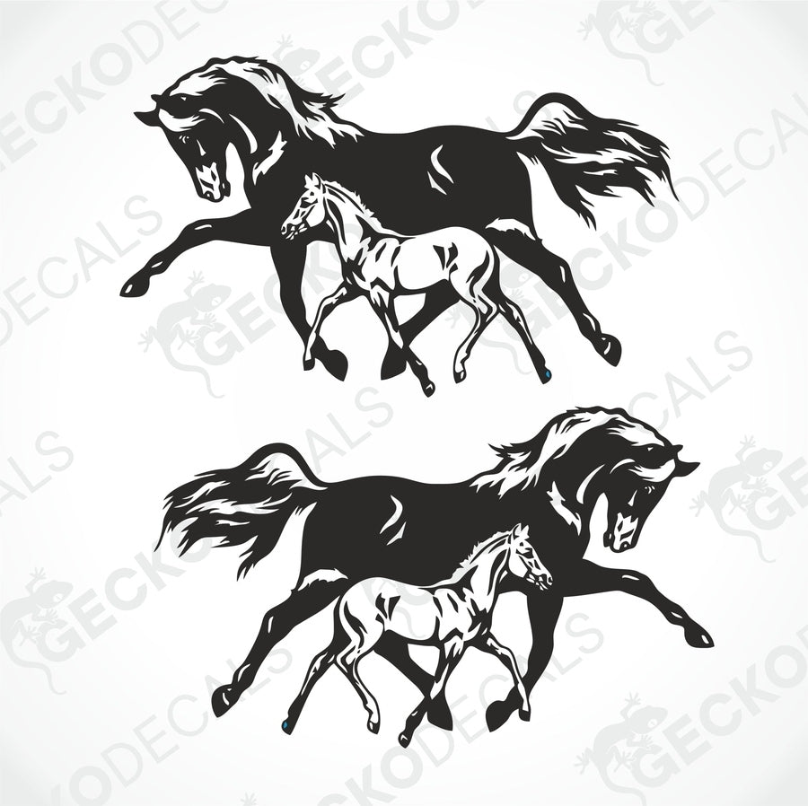 A set of two black vehicle decals of a horse and its offspring.
