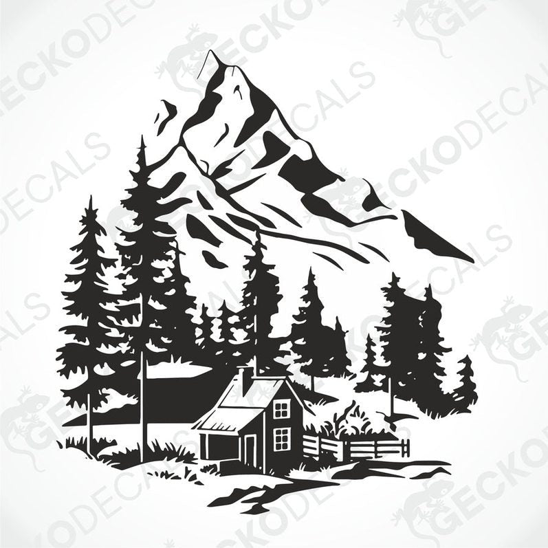 A black decal of a mountain house with trees in the foreground, placed on the rear of a white vehicle.