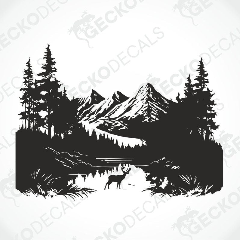 A decal of a lone deer in a mountain nature scene, displayed on the side of a white vehicle.