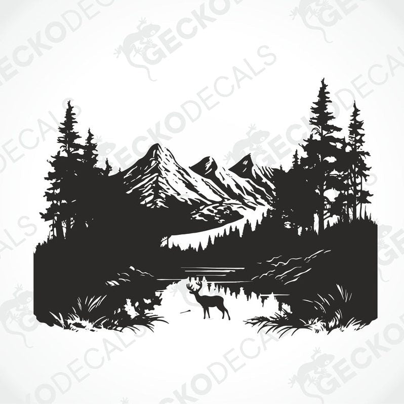 A decal of a lone deer in a mountain nature scene, displayed on the side of a white vehicle.